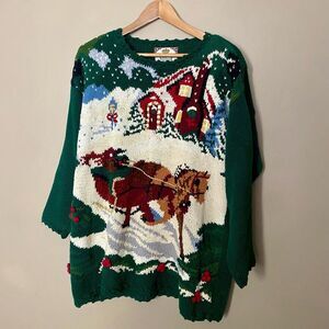 TIARA INTERNATIONAL vintage 90s knit cotton Christmas sweater horse carriage